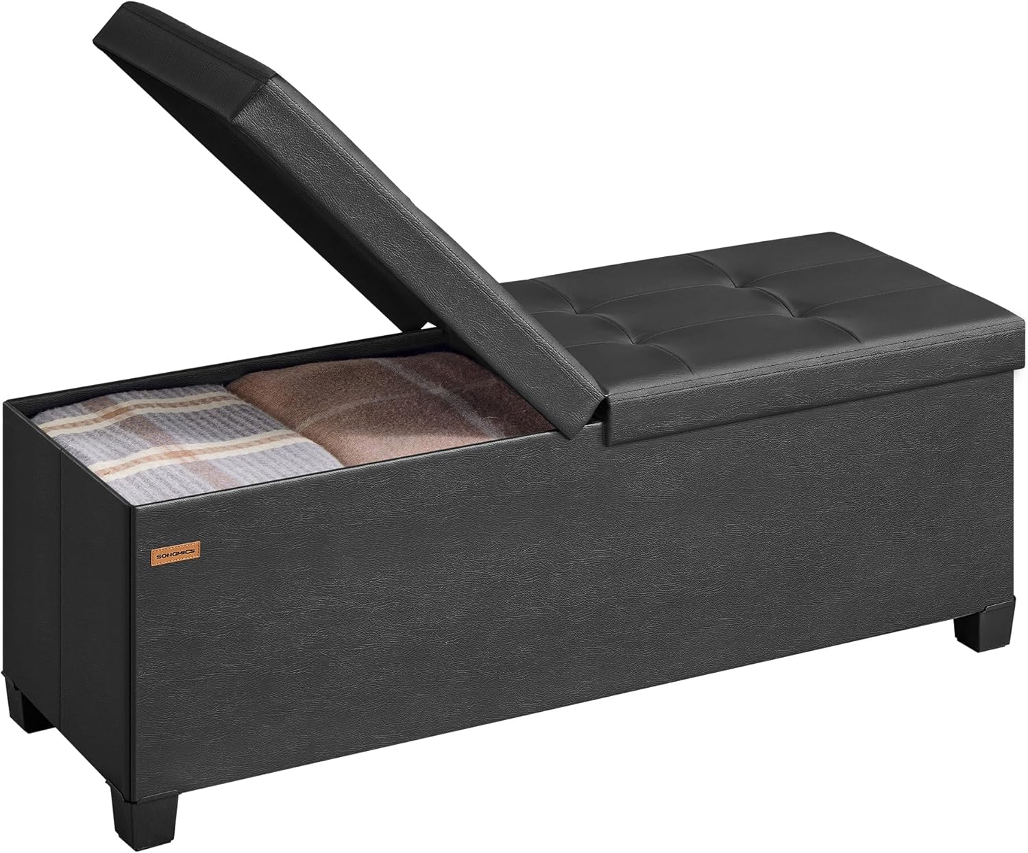 SONGMICS Storage Ottoman Bench with Legs, Folding Ottoman Foot Rest with Flipping Lid, Bench with Storage, for Living Room, Bedroom, Entryway, Synthetic Leather, 43.3 Inches, Ink Black ULSF085BH01