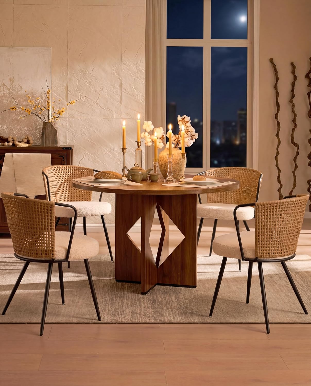 BedsPick Rattan Dining Chairs Set of 4 - Farmhouse Upholstered PE Rattan Kitchen Chair with Boucle Cushion, Wingback Dining Room Seat with Open-weave Cane Back and Metal Legs for Home, Kitchen (Brown)
