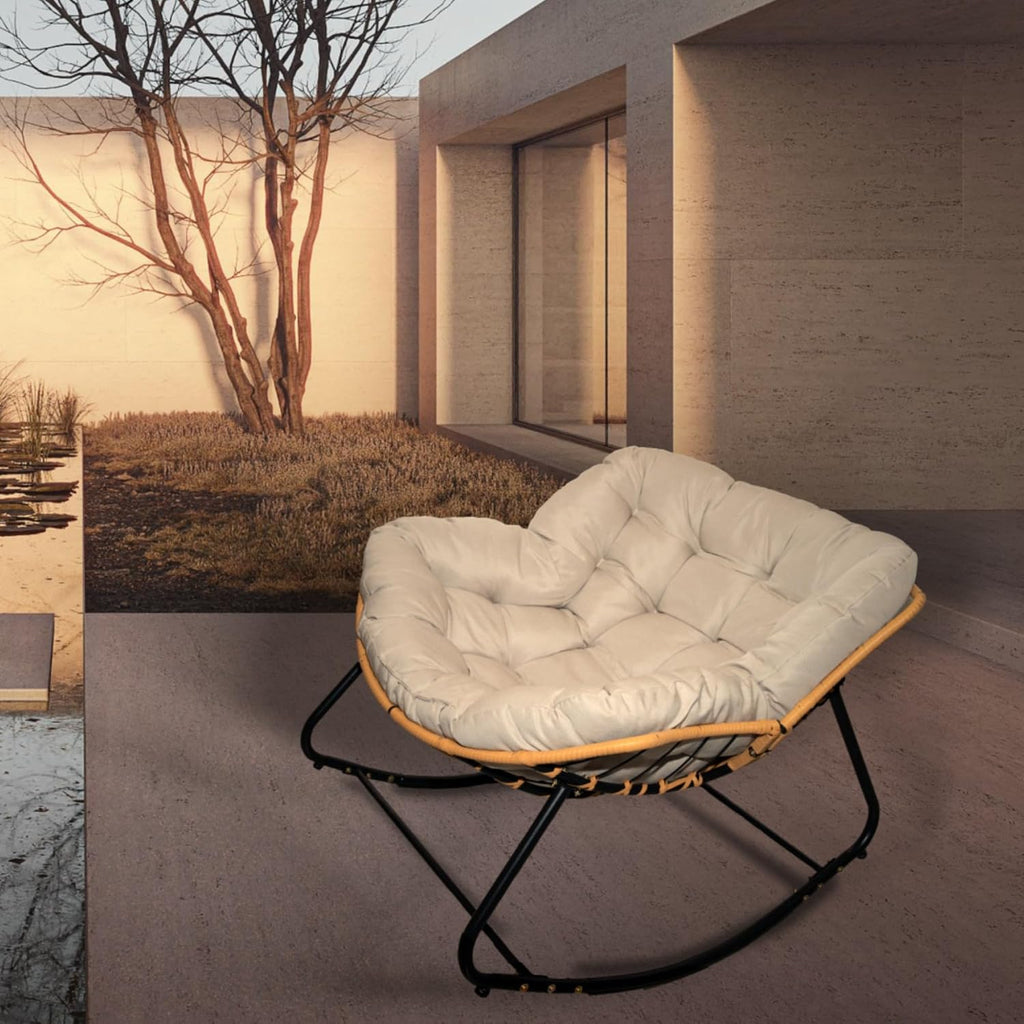 Modern Patio Rocking Egg Chair with Thick Cushion and Rattan Wicker Frame, Indoor Outdoor Lounge Chair with 360° Swivel Comfort, Heavy-Duty Metal Base for Bedroom Living Room Porch Garden (Beige)