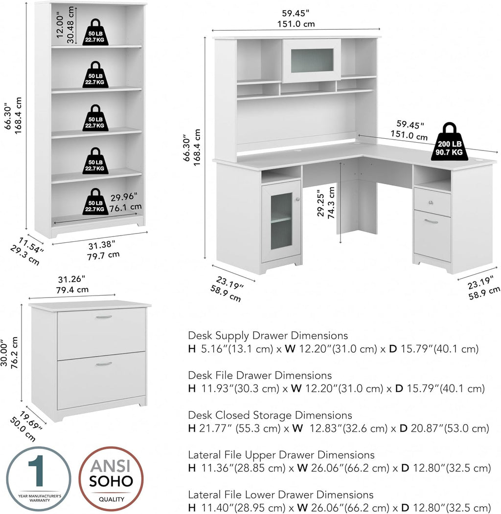 Bush Furniture L Shaped Desk with Hutch, 5 Shelf Bookcase and Lateral File Cabinet | Cabot Collection Corner Computer Table with Storage and Bookshelf | 60Wx23DX37W