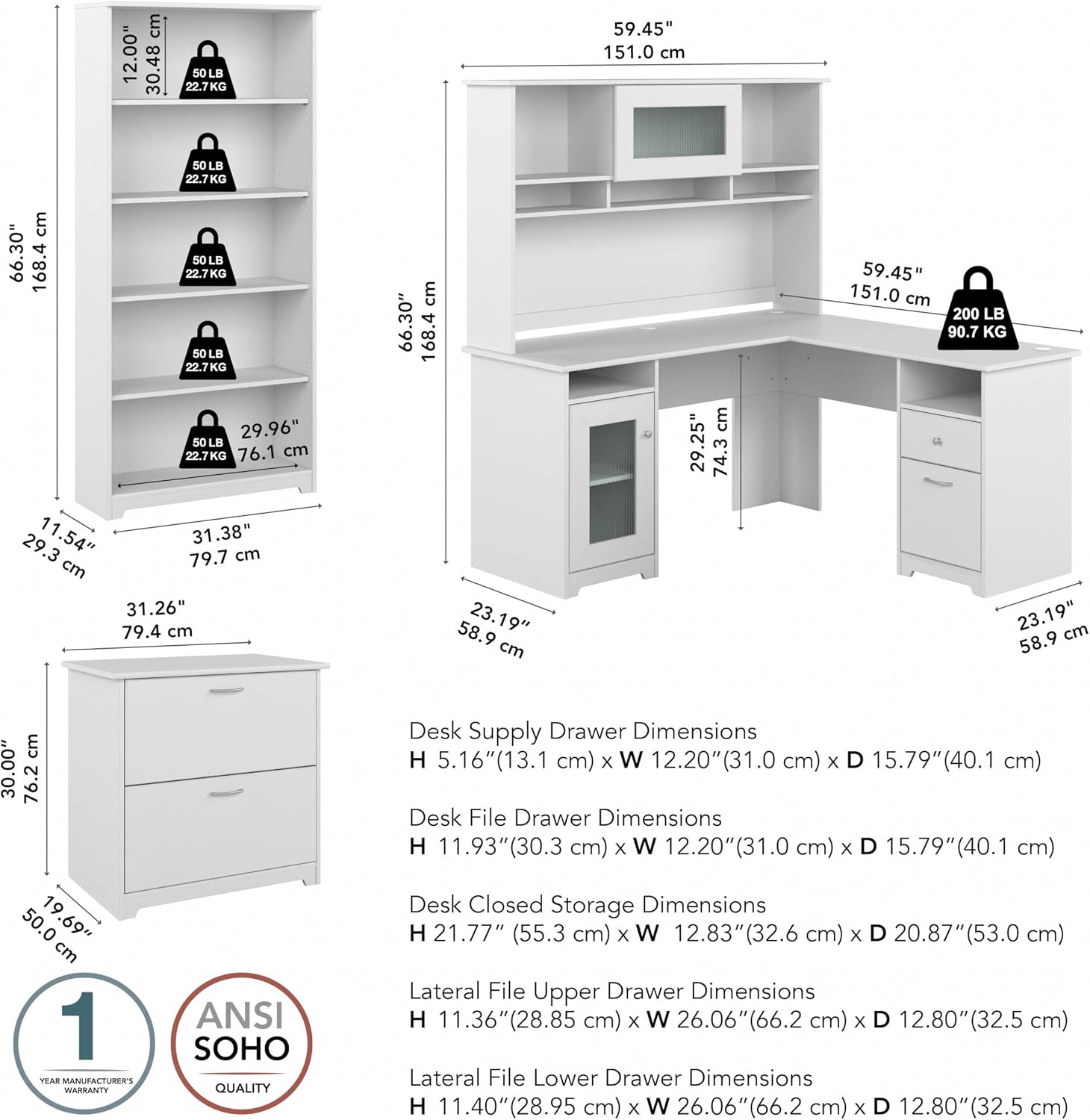 Bush Furniture L Shaped Desk with Hutch, 5 Shelf Bookcase and Lateral File Cabinet | Cabot Collection Corner Computer Table with Storage and Bookshelf | 60Wx23DX37W