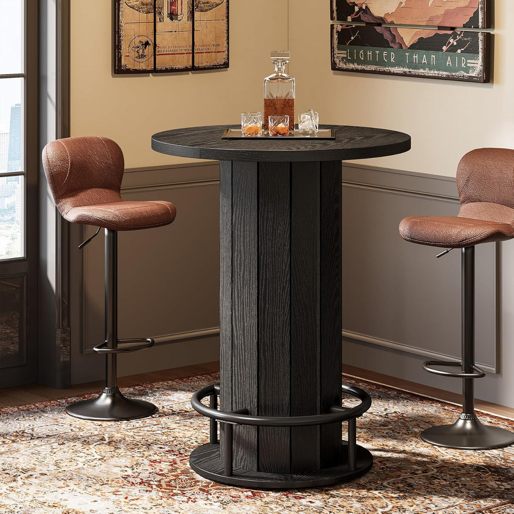 Tribesigns Round Bar Table, 39.4" H Wood Bistro Pub Table with Metal Ring Footrest for Dining Coffee Cocktail Living Room, Small Space, Black (Only Table)