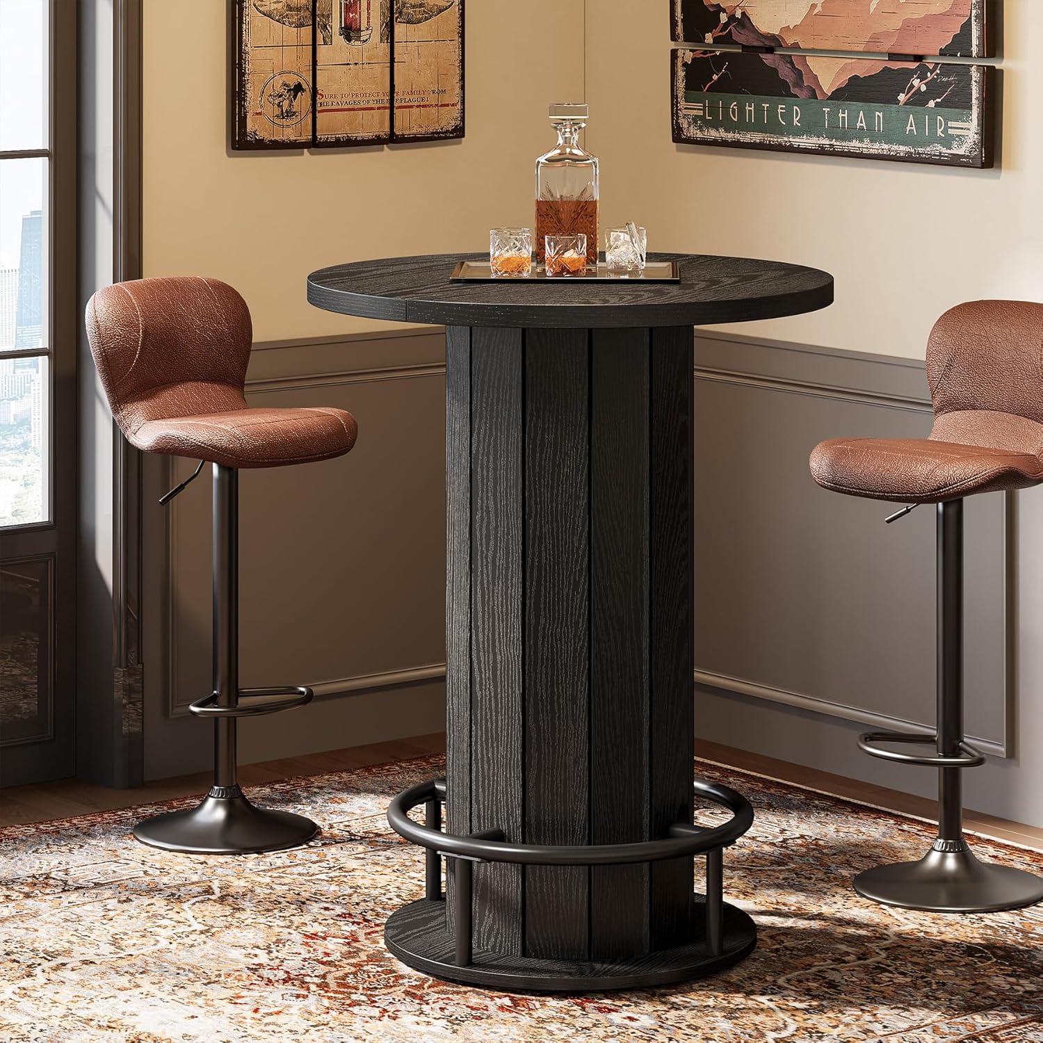 Tribesigns Round Bar Table, 39.4" H Wood Bistro Pub Table with Metal Ring Footrest for Dining Coffee Cocktail Living Room, Small Space, Black (Only Table)