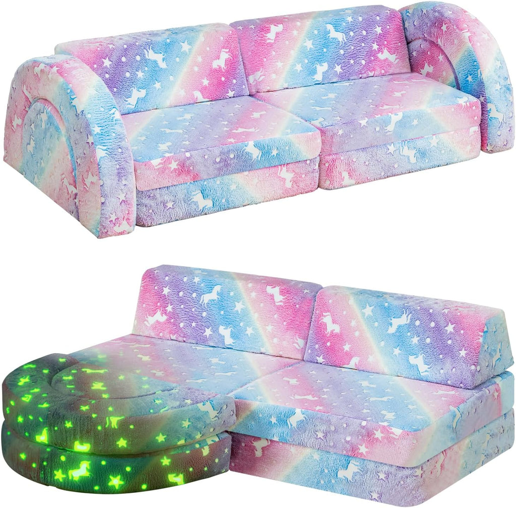 10Pcs Modular Kids Play Couch Glow, Convertible Play Fort Kids Couch, Instant Rebound 28D Foam Toddler Couchs, Kid Sofa for Playroom, Bedroom Furniture, Colorful and Unicorn