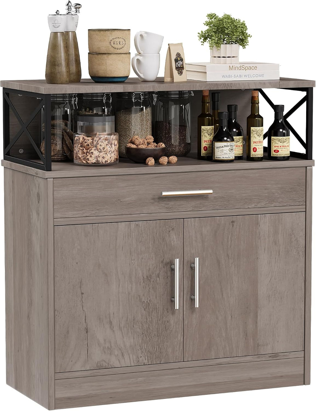 Buffet Cabinet, Coffee Bar Cabinet, Sideboard with Storage and Drawer, Farmhouse Storage Cabinets, Wooden Kitchen Cabinets for Living Room, Hallway, Ivory