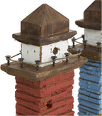 Deco 79 Wood Light House Decorative Sculpture Distressed Home Decor Statues with Blue and Brown Accents, Set of 2 Accent Figurines 5" W, 10" H, Red