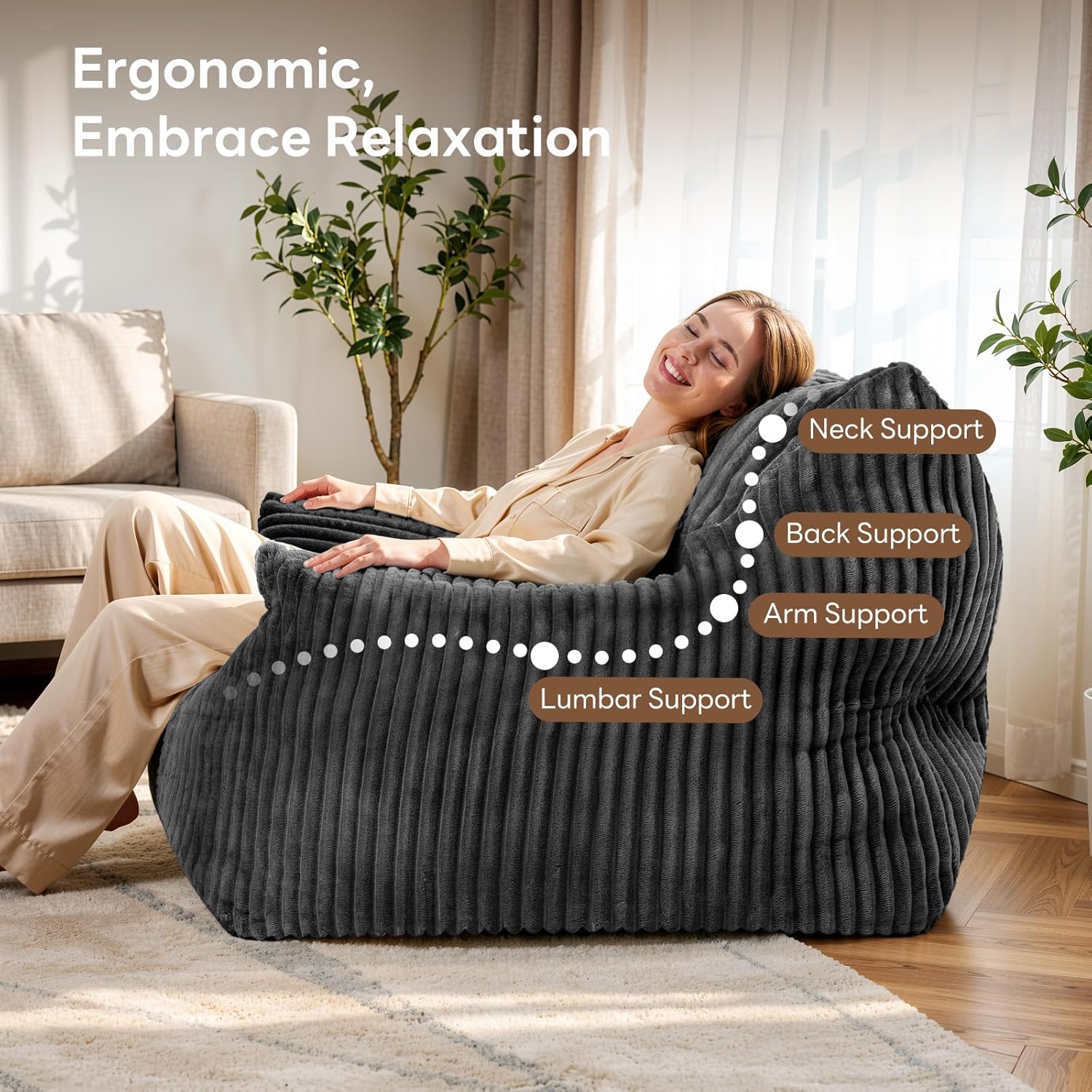 Giant Bean Bag Chair, Oversized Bean Bag Couch for Adults, Fluffy Corduroy BeanBag with Armrests for Living Room, Bedroom, Dorm Vacuum-Compressed for Easy Gifting, 48h to Expand, Dark Gray