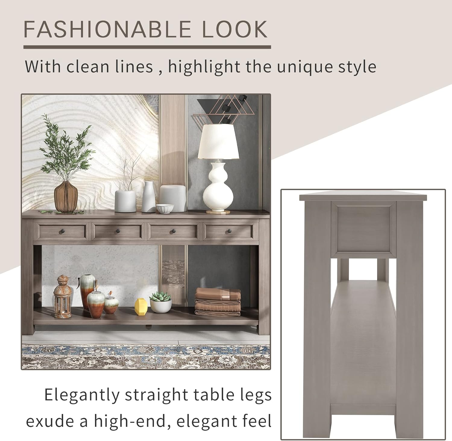 Knocbel Console Table with 4 Storage Drawers and Bottom Shelf, Rustic Distressed Sofa Table for Entryway Hallway Living Room, 63" W x 14" D x 30" H, Gray Wash Color