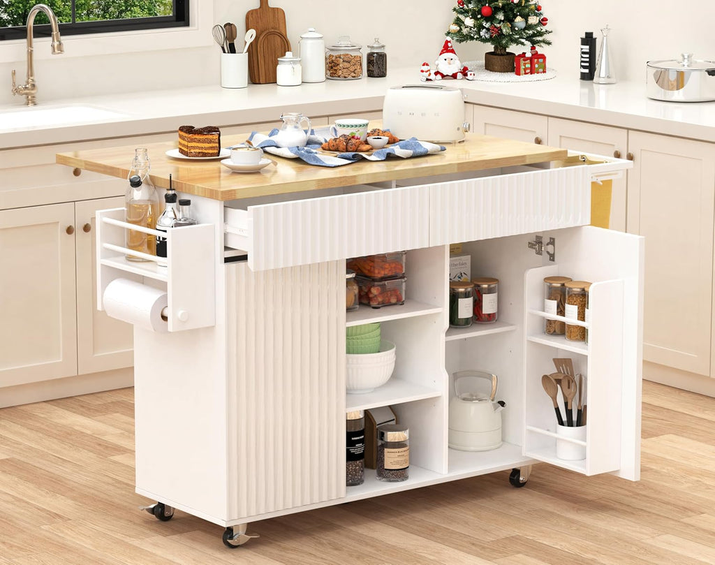 43.3" x 29.5" Kitchen Island with Drop Leaf, Rolling Kitchen Island on Wheels with Removable Trash Bag, Kitchen Island Cart with Storage Cabinet, Drawers & Spice Rack, White