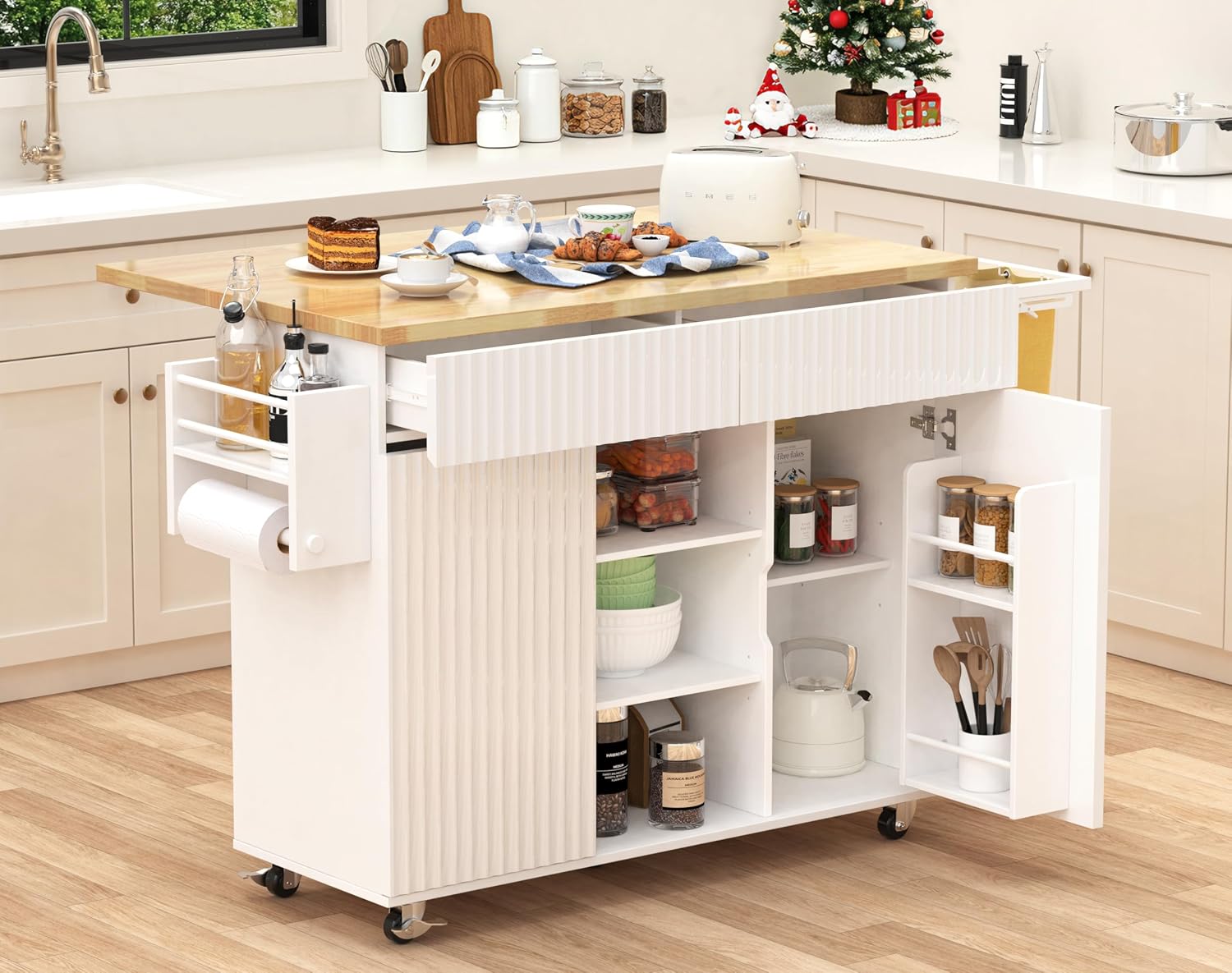 43.3" x 29.5" Kitchen Island with Drop Leaf, Rolling Kitchen Island on Wheels with Removable Trash Bag, Kitchen Island Cart with Storage Cabinet, Drawers & Spice Rack, White