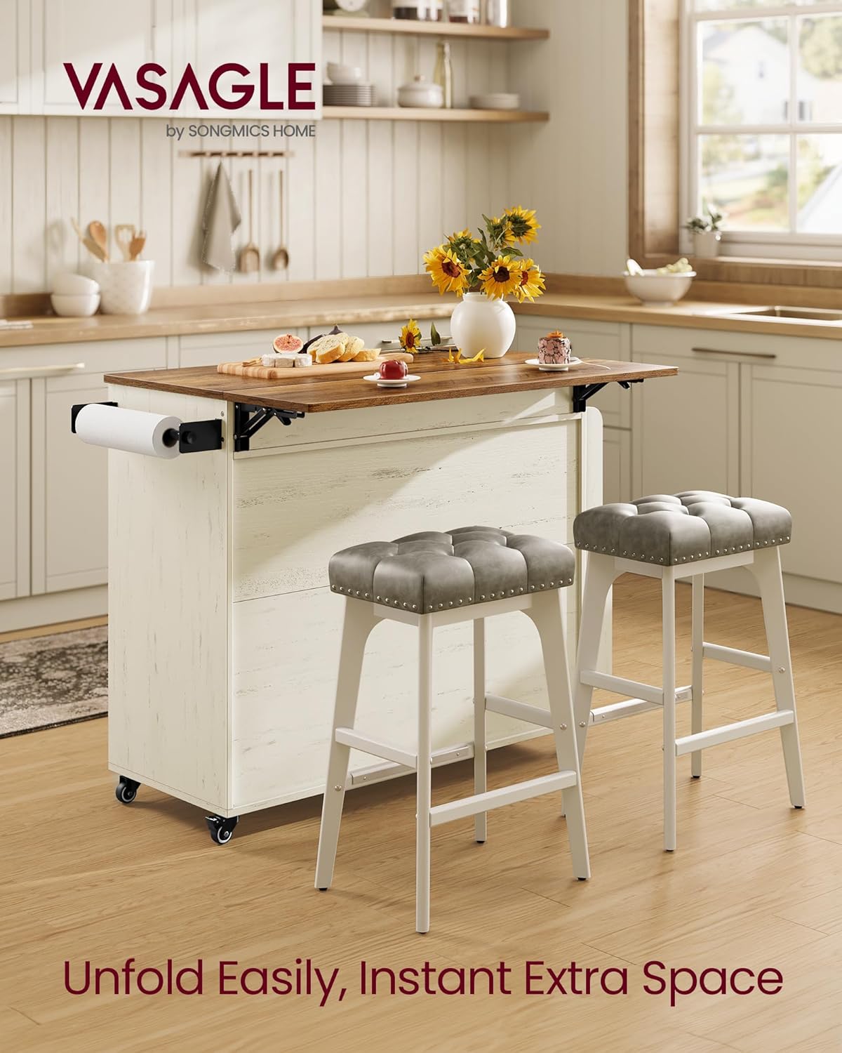 VASAGLE Mobile Kitchen Island with Drop Leaf, Portable Island with Spice Rack, Mobile Cart with Storage Cabinet, 17.7-28.7 x 49.3 x 36 Inches, for Dining Room, Rustic White and Honey Brown UKKI012W01