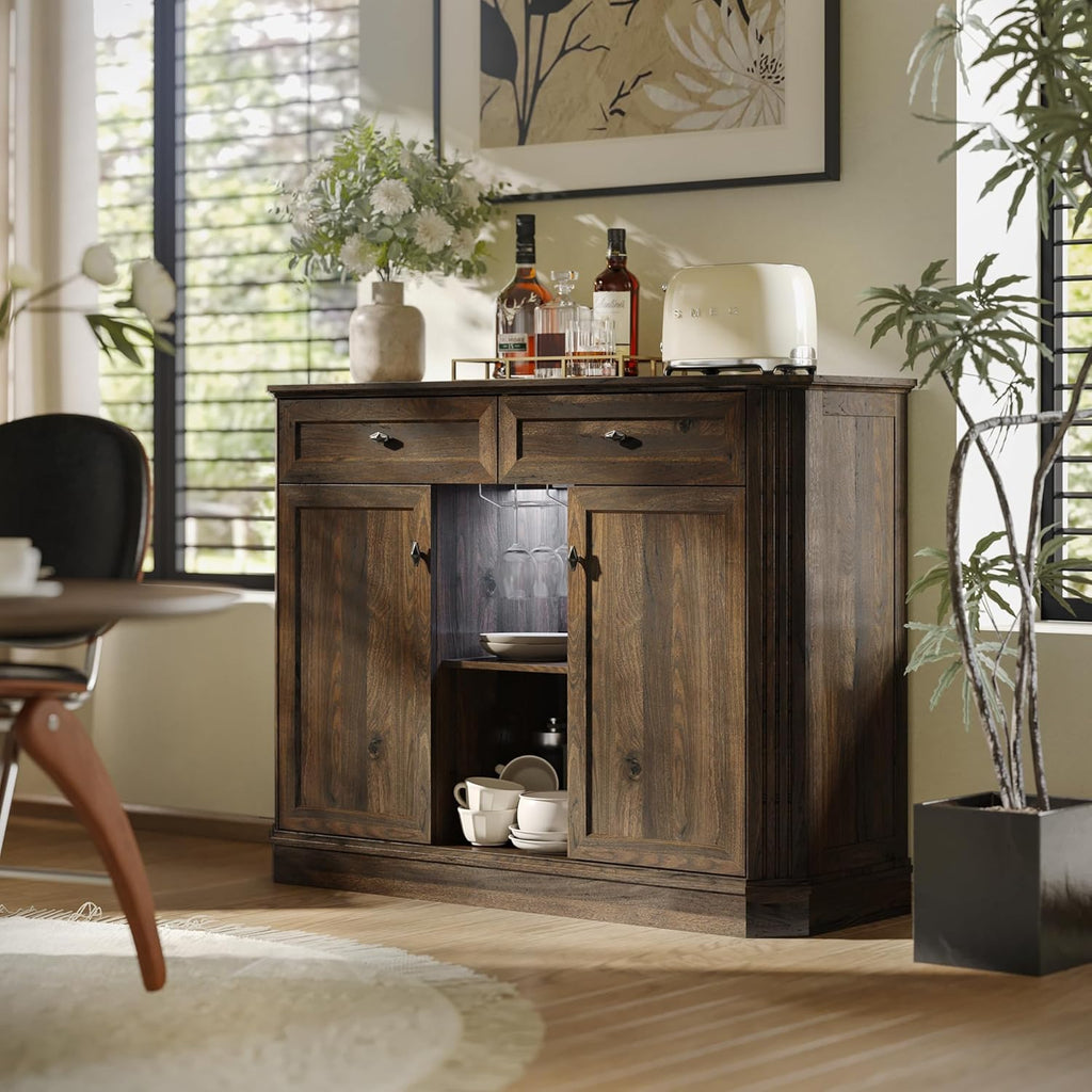 47" Wine Bar Cabinet with LED Light & Power Outlets, 2 Door Coffee Bar Cabinet with 2 Drawers, Sideboard Buffet Cabinet with Storage, Liquor Cabinet for Home Bar, Kitchen Living Room, Walnut Brown