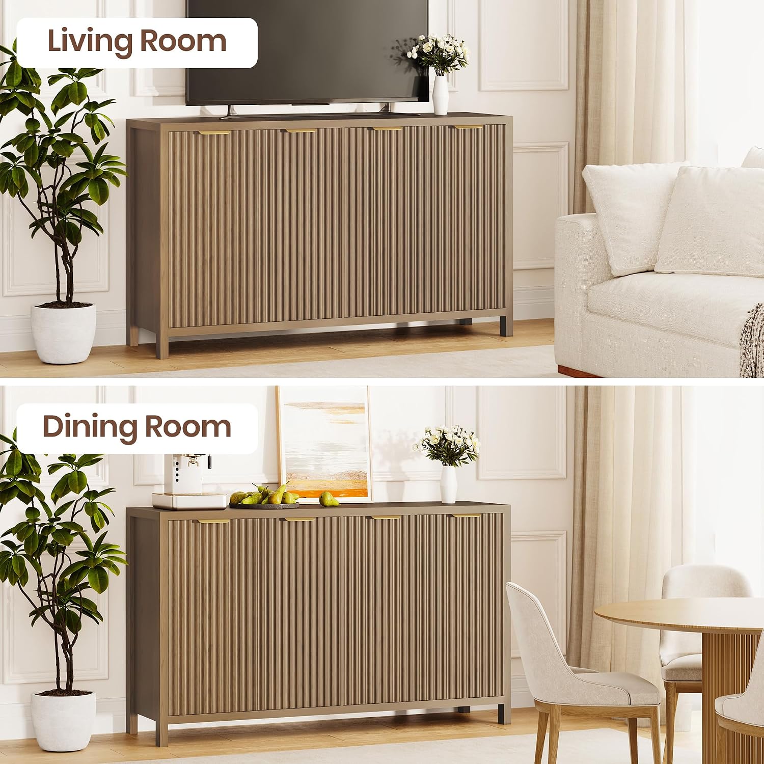 Fluted Buffet Cabinet with Storage, 55" Sideboard Cabinet with 4 Doors, Modern Credenza Accent Console Cabinet Coffee Bar Table for Living Room Dining Room Hallway, Walnut