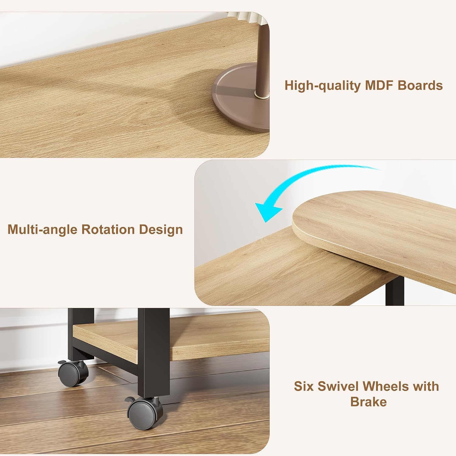 Takywep 360° Rotating Side Table with Storage, End Table with Charging Station, Swivel Coffee Table, Sofa Table with Storage, Rolling Side Table with 6 Lockable Wheels, for Home Office, Wood Color