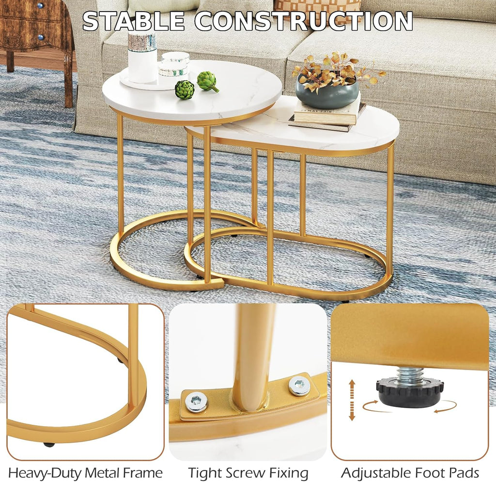 CASART Set of 2 Nesting Tables, Faux Marble Stacking Sofa Side Tables 2PCS Round Coffee Table, Wooden Top & Steel Frame, Space Saving Accent Tea Tables for Living Room Bedroom Office (Marble+Golden)