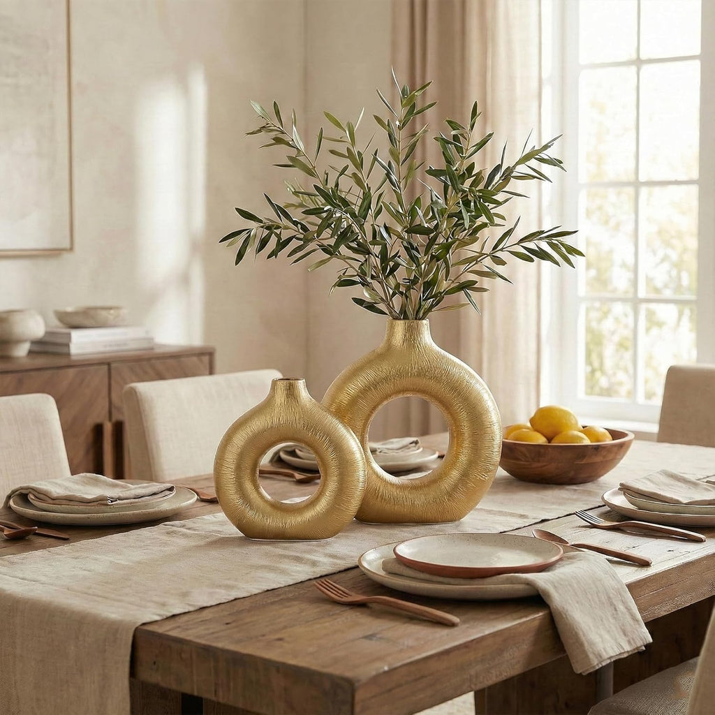 Gold Vase Decor Donut Vase Set of 2 - Circle Hollow Vases, Modern Matte Ceramic Vases for Entryway Living Room Bedroom Dining Table Centerpiece Office Home Decor