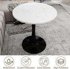 27.5" Round Side Table - White Marble Top with Tapered Pedestal Base, Modern Minimalist End Table for Living Room, Coffee Table with Sturdy Design, Easy to Clean,Black Base