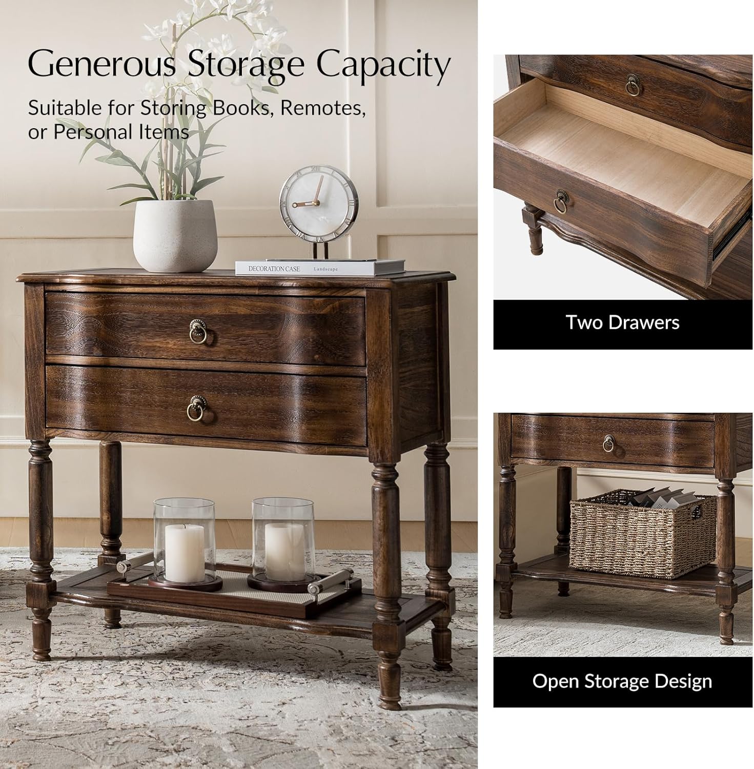 HULALA HOME End Table with Charging Station, Solid Wood Side Table with 2 Drawers & Open Shelf, Vintage Finish, Spindle Legs(Walnut)