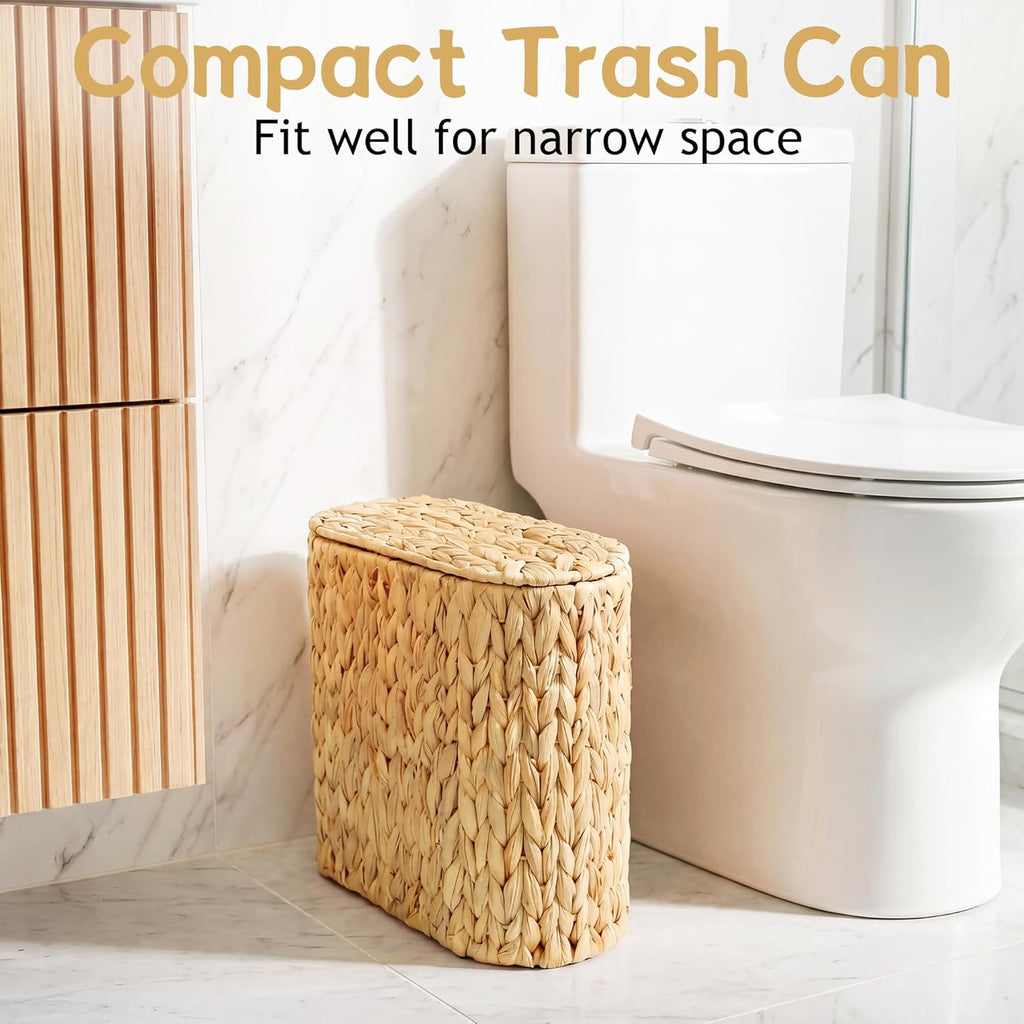 iEGrow 3 Gallon Wicker Trash Can, Bathroom Trash Can with Lid, Narrow Natural Water Hyacinth Waste Basket with Removable Liner, Boho Garbage Can for Bedroom, Office, Small Spaces Living Room, Toilet