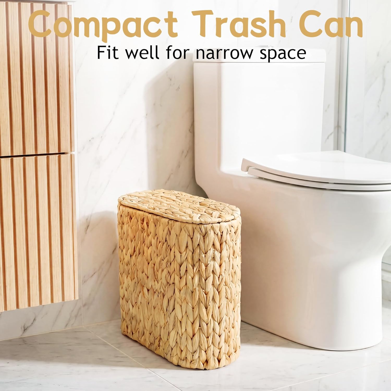 iEGrow 3 Gallon Wicker Trash Can, Bathroom Trash Can with Lid, Narrow Natural Water Hyacinth Waste Basket with Removable Liner, Boho Garbage Can for Bedroom, Office, Small Spaces Living Room, Toilet
