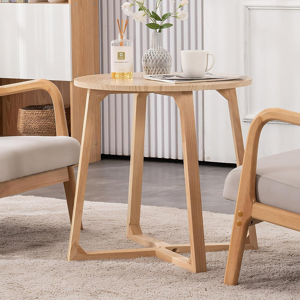 24" Round Side Table - Mid-Century Modern End Table with V-Shaped Legs, Solid Rubber Wood Top, Small Coffee Table for Living Room, Nightstand for Bedroom, Natural Finish