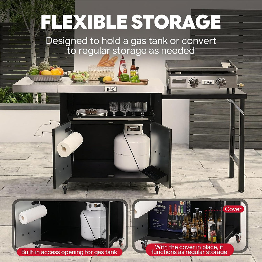 Feasto Outdoor Kitchen Island with Cabinet, 74” x 26” Rolling Grill Table | Grill Table with Stainless Steel Top for Pizza Oven& Griddles, Movable Bar Cart with Pull-Out Plate for Parties & Gathering