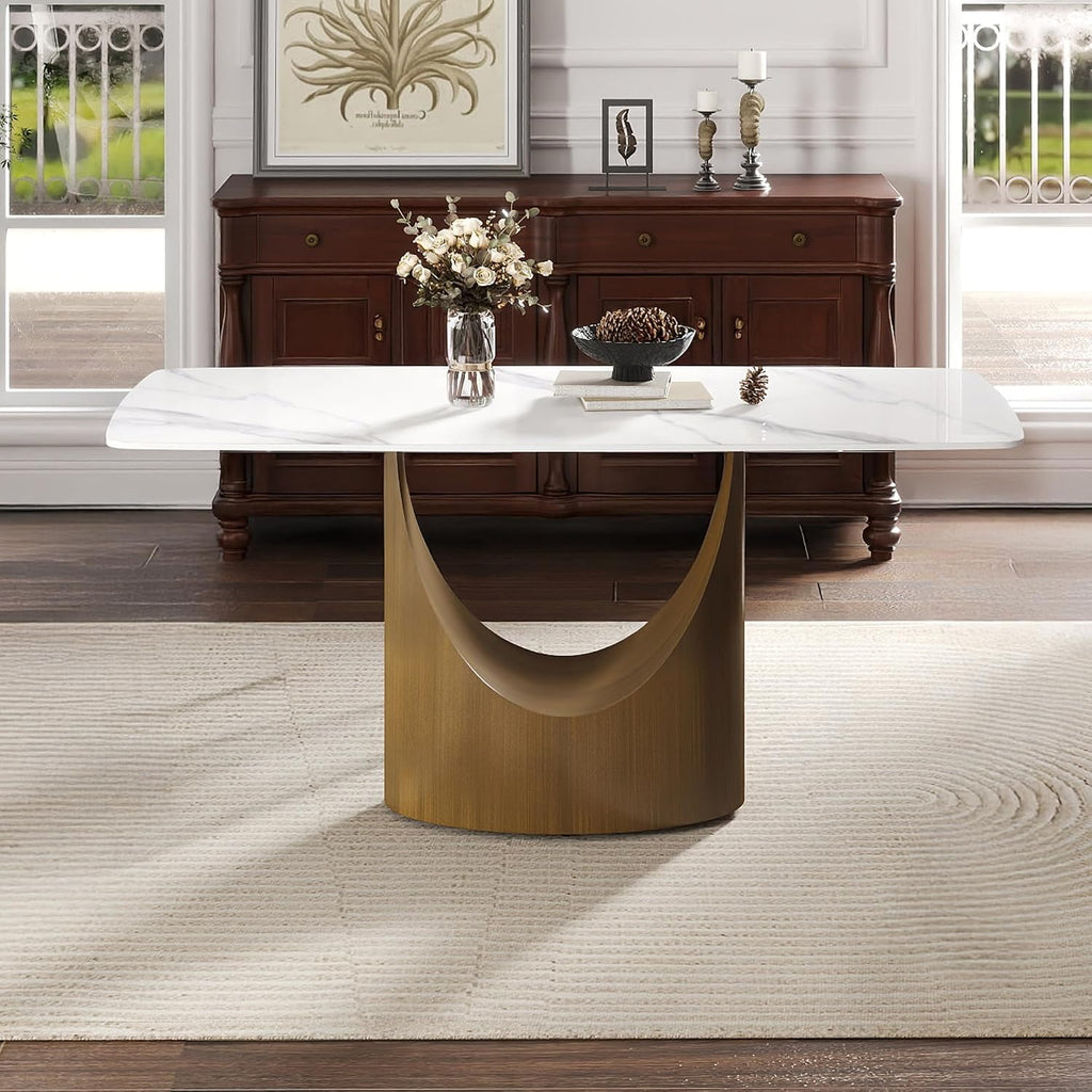 Modern Sintered Stone Dining Table for 6, White Kitchen Table with U-Shaped Gold Carbon Steel Pedestal & Marble Pattern Top, Rounded Corner Design, 63" W Curved Rectangle