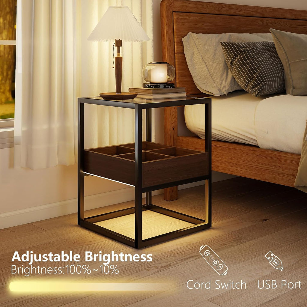 Top Tempered Glass End Table or Nightstand with USB Port and Dimmable Warm Brown COB Strip Light for Living Room & Bedroom﻿ (Brown)