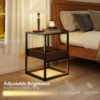 Top Tempered Glass End Table or Nightstand with USB Port and Dimmable Warm Brown COB Strip Light for Living Room & Bedroom﻿ (Brown)