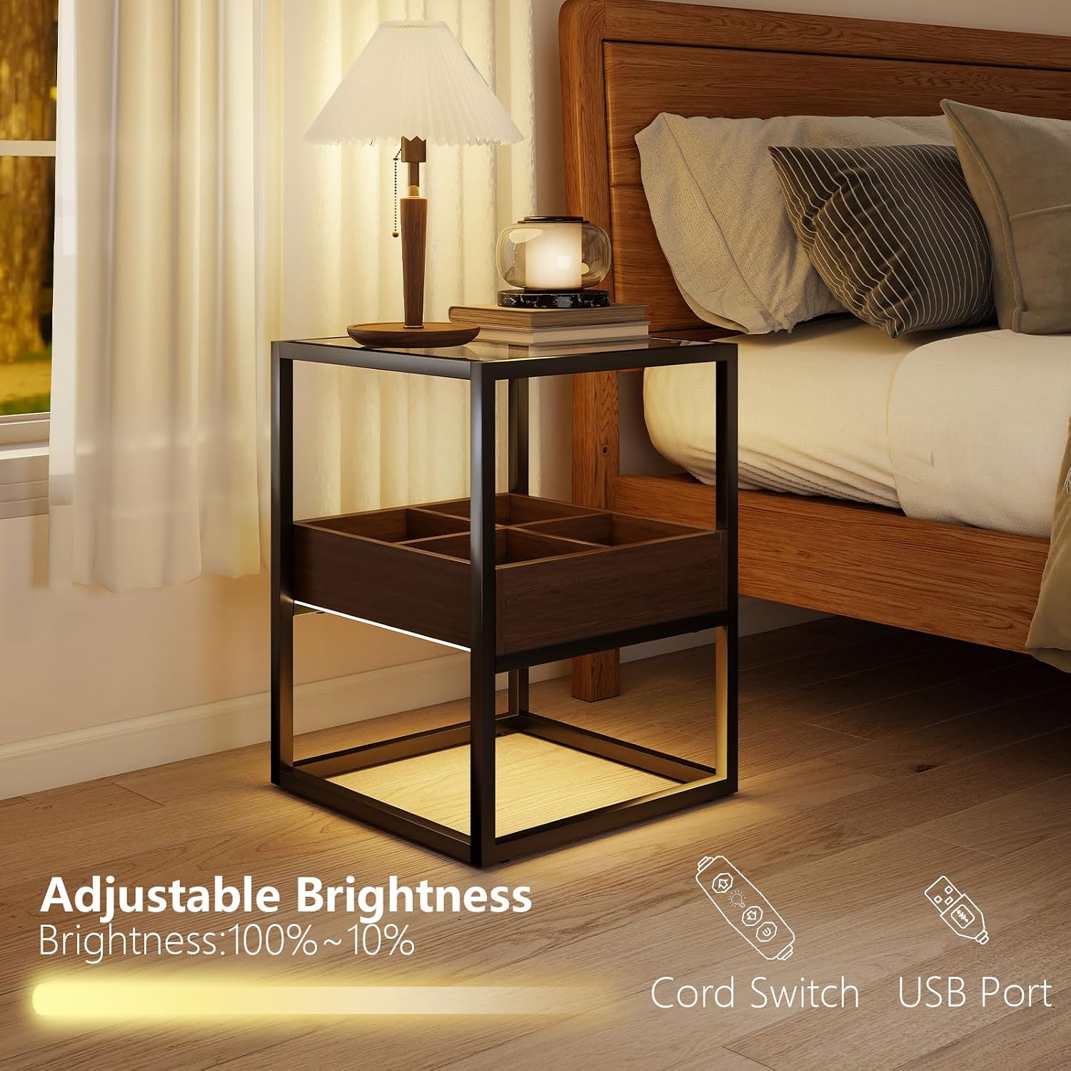 Top Tempered Glass End Table or Nightstand with USB Port and Dimmable Warm Brown COB Strip Light for Living Room & Bedroom﻿ (Brown)