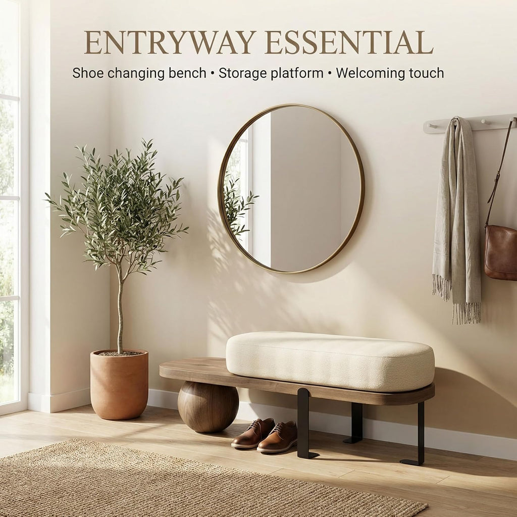 Modern Entryway Bench with Cushion, Wooden Boucle Upholstered with Abstract Metal Leg, Lambswool Cushioned Seating, for Entryway Livingroom Bedroom (Walnut, 120cm/47.2")