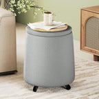 Storage Ottoman with Wheels, 15"W Swivel Rolling Foot Stool Boucle Terry Fabric Coffee Table Ottoman with Hidden Storage, Round Vanity Stools for Makeup Room Living Room Bedroom Entryway Dorm, Grey
