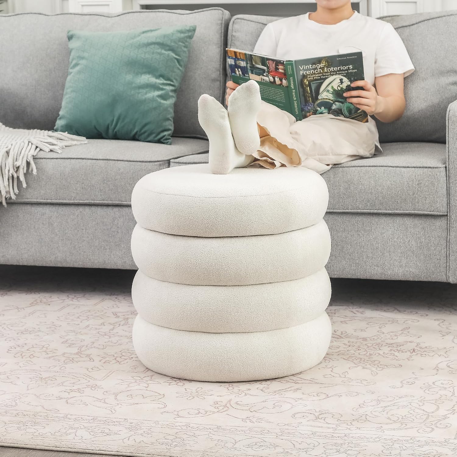Asense Round Storage Ottoman,Footstool with Removable Lid, Vanity Stool, Modern Upholstered Footrest for Bedroom Living Room Entryway