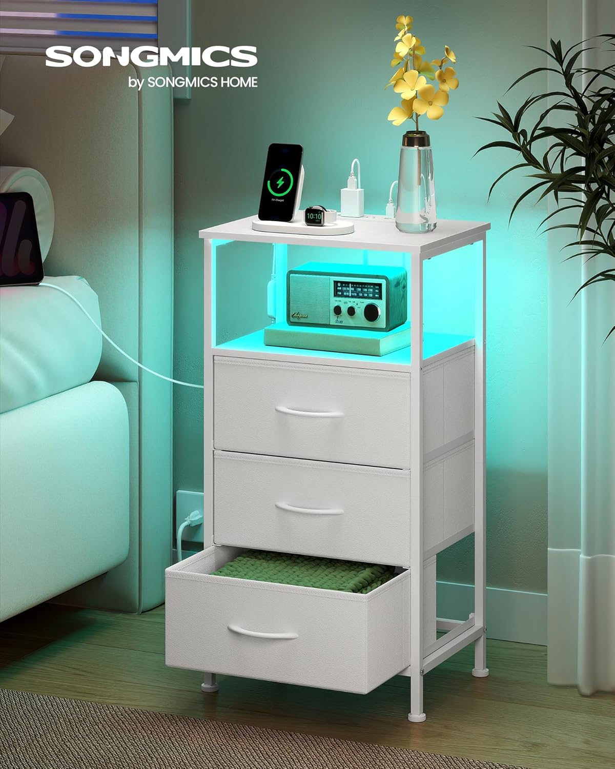 SONGMICS BELLAH Collection - Nightstand with Charging Station and App-Controlled Adjustable LED Lights, Bed Side Table, 3 Drawers and 1 Open Shelf, Modern, Cloud White and Snow White ULGS303WH01S