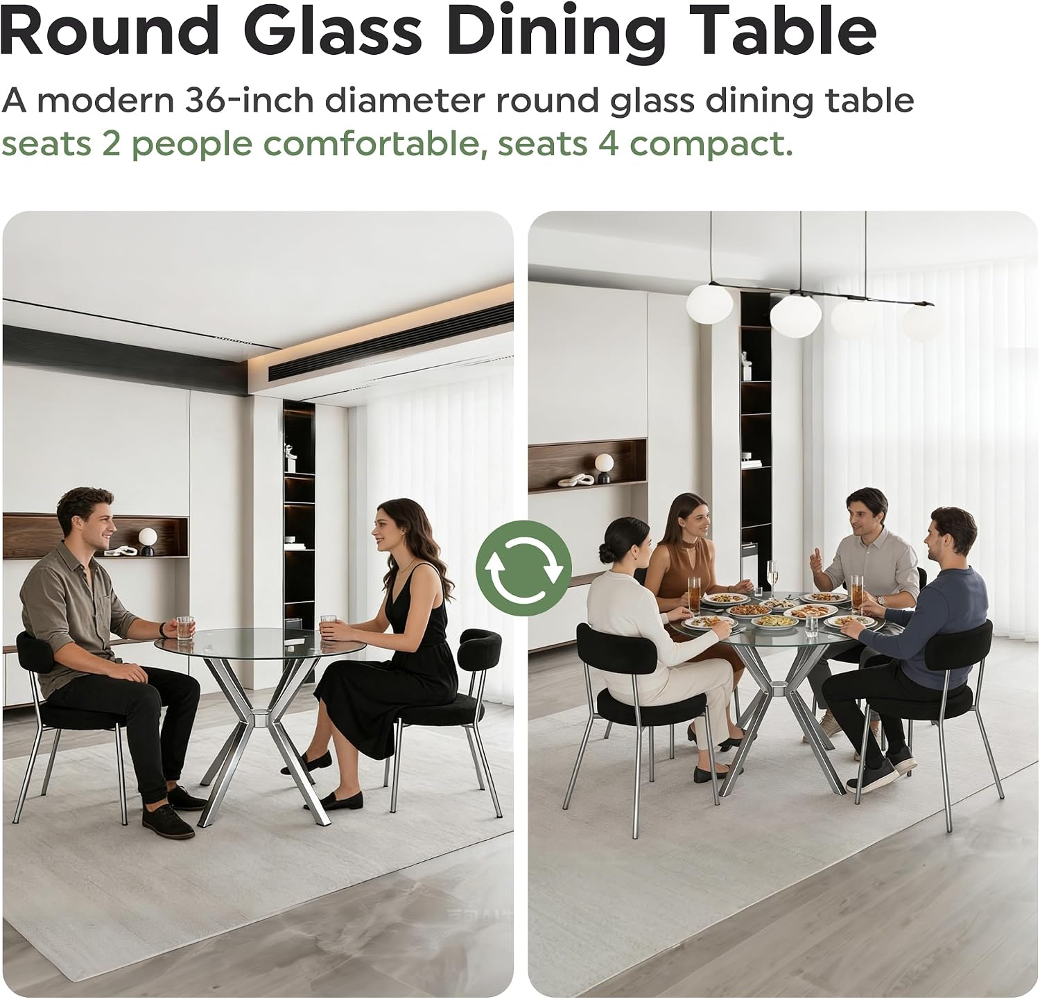 Modern Dining Table, 36 Inch Round Dinner Table for 2-4, Glass Dining Table with Cross Metal Base, Modern Clear Tempered Glass Kitchen Table for Home Dining Room Living Room(Silver Legs)