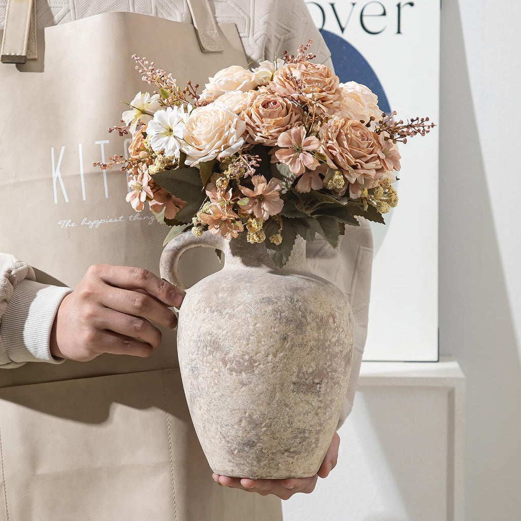 Enra Rustic Terracotta Vase with Handle, Textured Ceramic Home Decor | 8.85 Inch Vase with Farmhouse Style for Living Room, Shelf, Table Centerpiece and Home Decoration