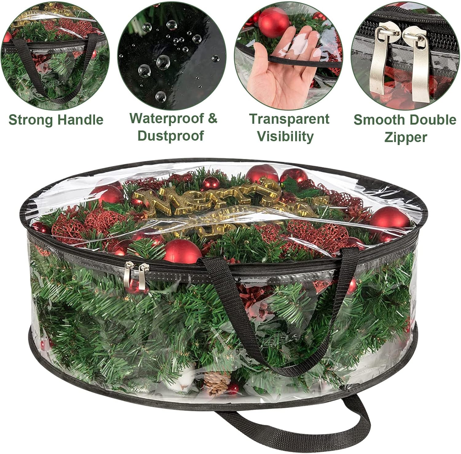 4 PCS Clear Wreath Storage Bag, 24x8 Inch Christmas Wreath Storage Container, Heavy Duty PVC Wreath Protector with Handle for Xmas Holiday Seasonal Wreath Garland (Black)