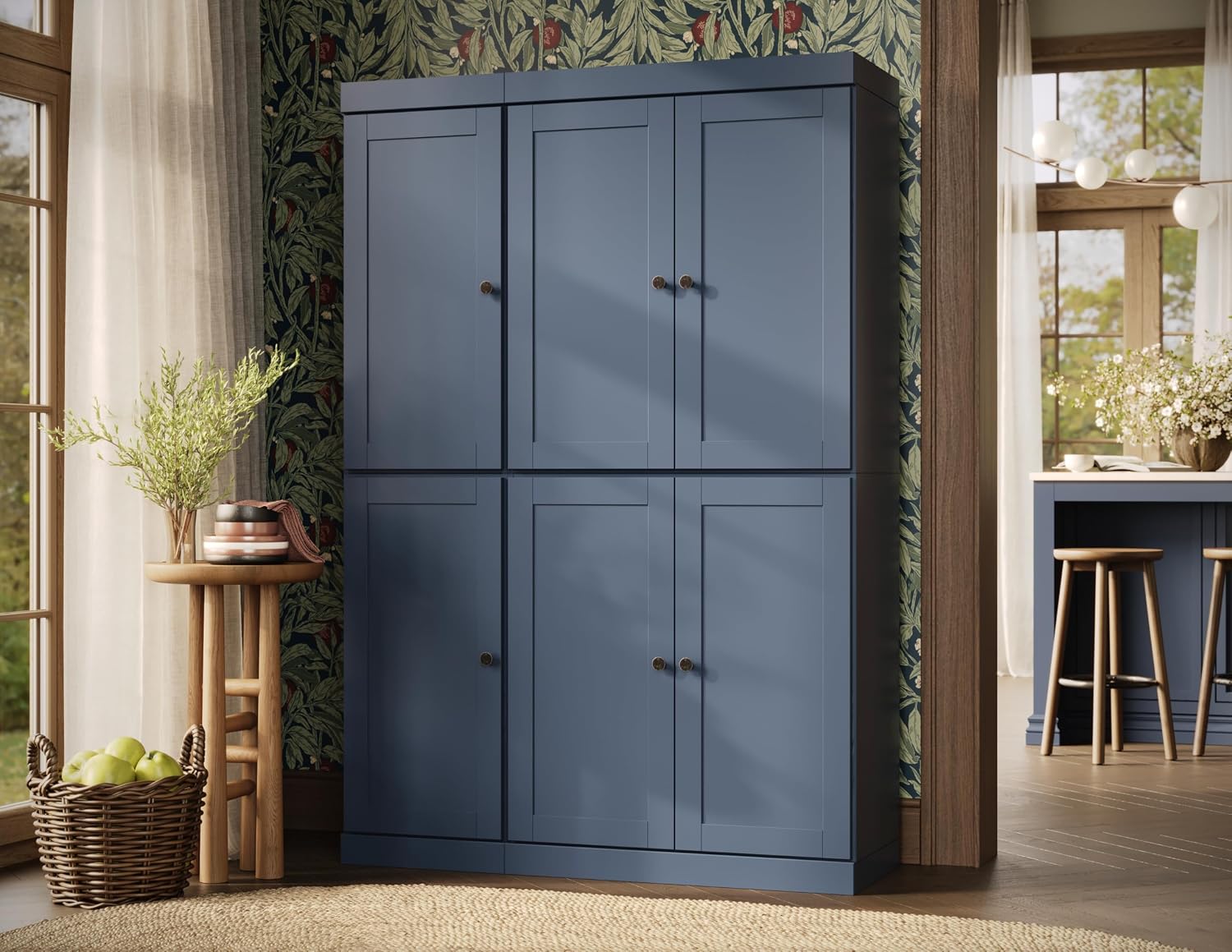Palace Imports Solid Wood Tall Kitchen Pantry Cabinet - 71.5" H x 48.5" W – Utility Cabinet w/ 6 Shaker Doors, 2 Drawers & 8 Adjustable Shelves – Antique Blue, 100% Eco-Friendly Wood, Made in Brazil
