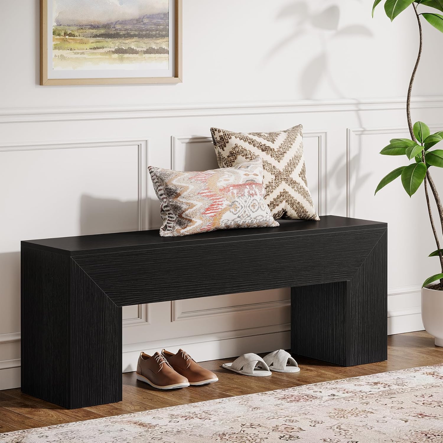 Tribesigns 47'' Wooden Entryway Bench, Farmhouse Entry Bench Seat, Indoor End of Bed Bench with Storage Capability for Living Room, Bedroom, Hallway, Easy Assembly, Black