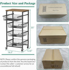 OKZEST Fruit Basket, 5-Tier Utility Kitchen Organizer and Storage Cart with Pull-Out Baskets and Wood Top, Rolling Pantry Kitchen Cart on Wheels for Fruit Potato Onion Vegetable Snack Produce