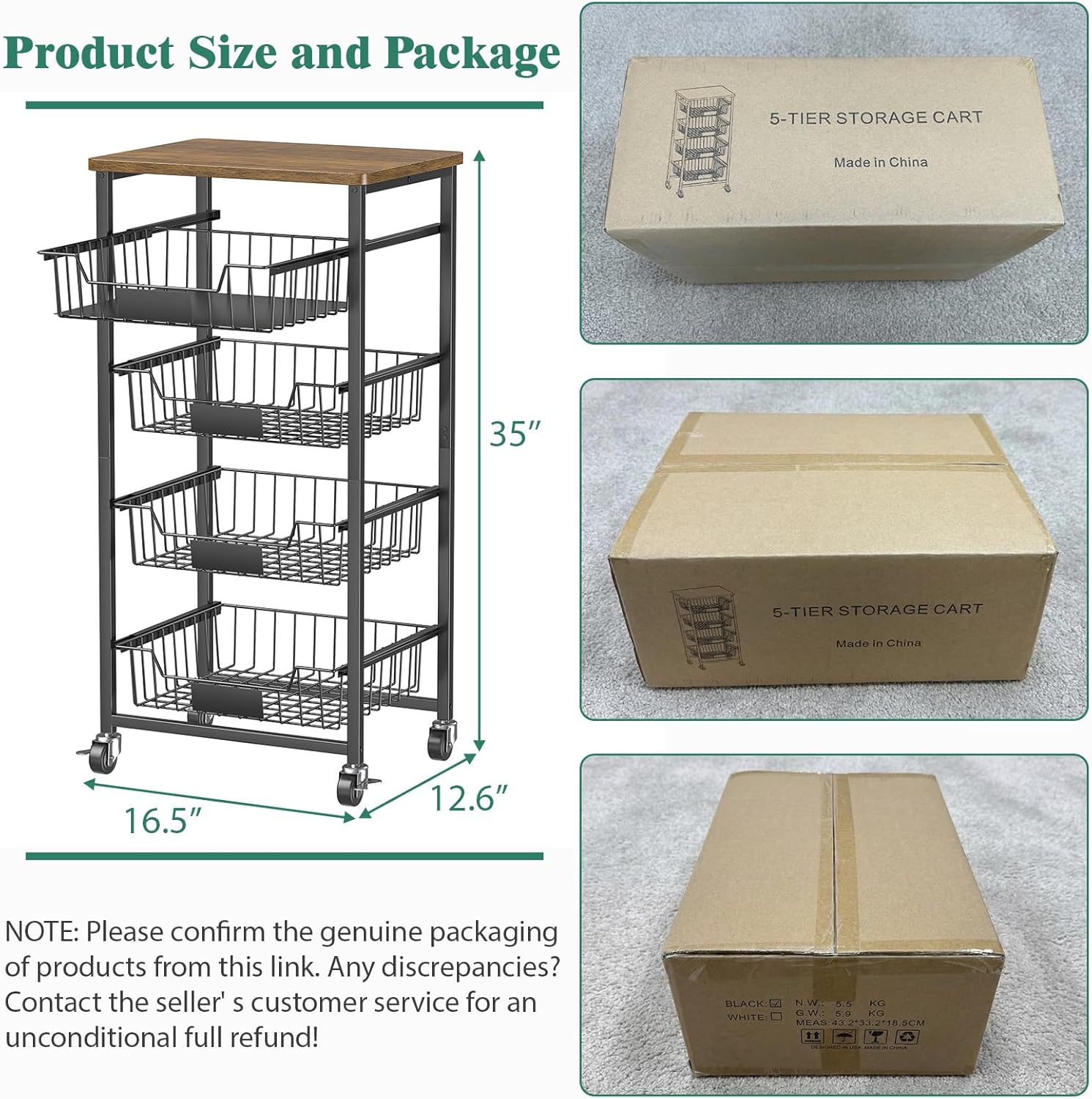 OKZEST Fruit Basket, 5-Tier Utility Kitchen Organizer and Storage Cart with Pull-Out Baskets and Wood Top, Rolling Pantry Kitchen Cart on Wheels for Fruit Potato Onion Vegetable Snack Produce