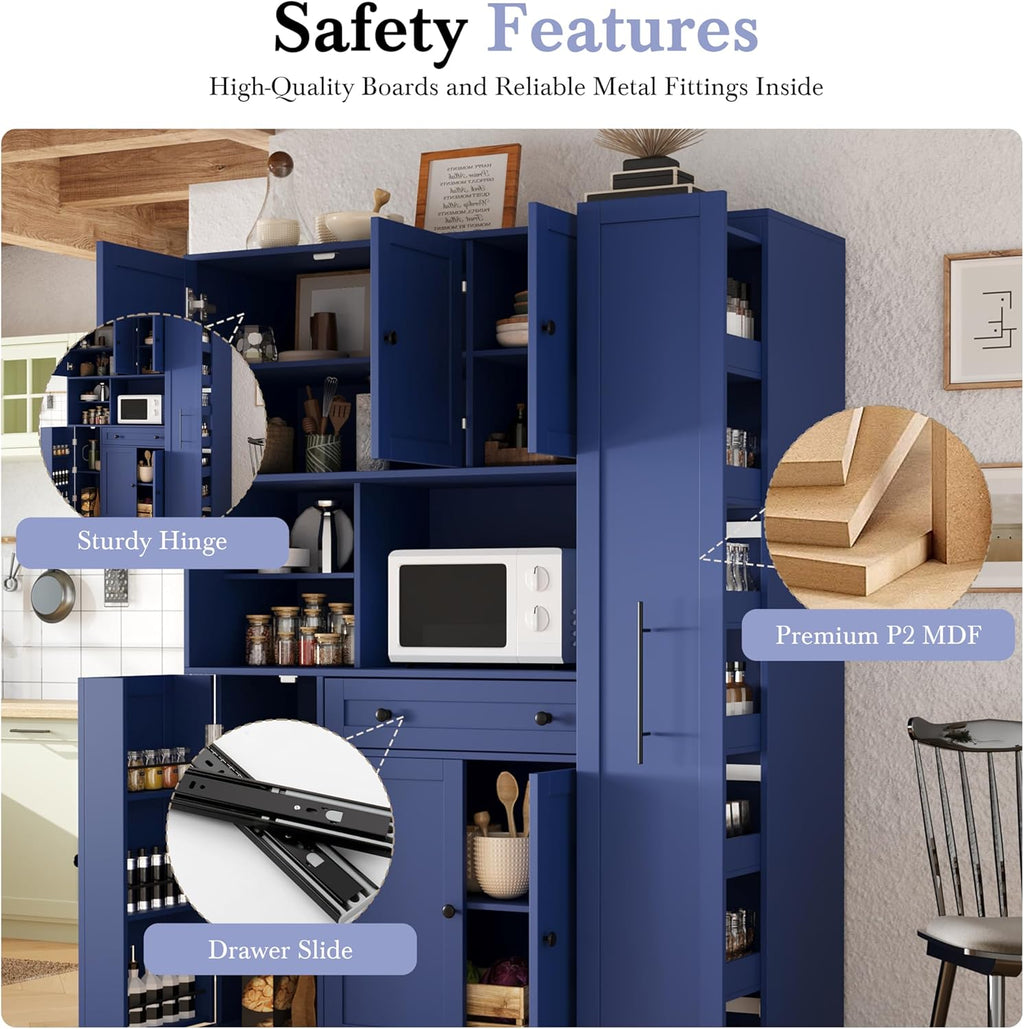 Buffet Cabinet with Hutch and Pull-Out Side Organizer, 70 in | P2 MDF, 6 doors, 5 adjustable shelves, 3-tier door shelves, pull-out side organizer with wheels, 52.8 W x 17.7 D x 70.1 H in