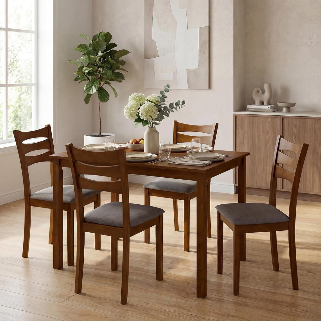 COSTWAY Dining Table Set for 4, 5- Piece Dinette Set with 4 Upholstered Chairs, Rubber Wood Frame & Space-Saving Design, Farmhouse Kitchen Table Set for Apartment and Breakfast Nook