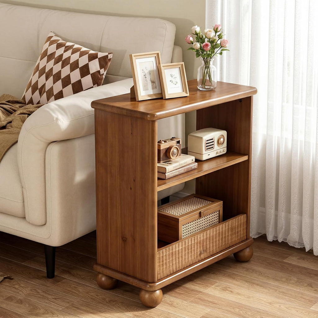 3-Tier Solid Wood End Table with Storage Shelf for Living Room | Farmhouse Rustic Style, 23.6" Rectangular Narrow Compact Side Table Nightstand, Easy Assembly, for Small Space