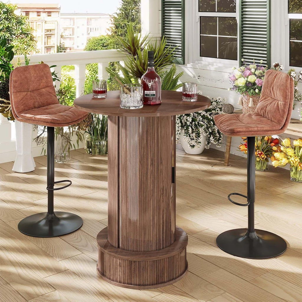 Round Bar Table with 2-Tier Hidden Storage, 38.1" H Wood High Top Table, Bistro Pub Table with Footrest, Cocktail Tables for Coffee Bar, Kitchen Dining Room, Small Space (Walnut)