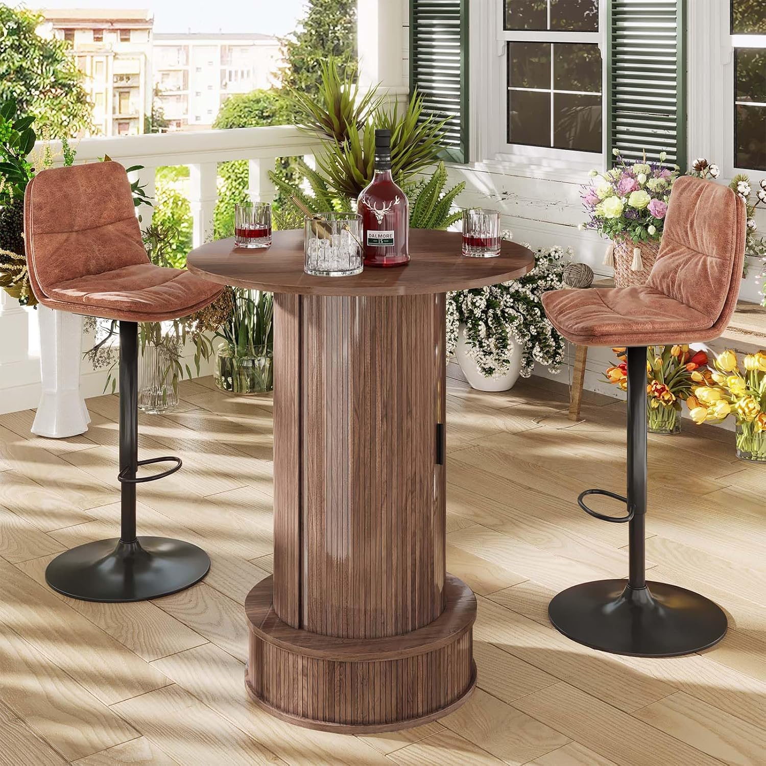 Round Bar Table with 2-Tier Hidden Storage, 38.1" H Pub Table with Footrest, Modern Rustic Bar Height Bistro Cocktail Table for Kitchen,Dining Room,Coffee Bar,Small Space