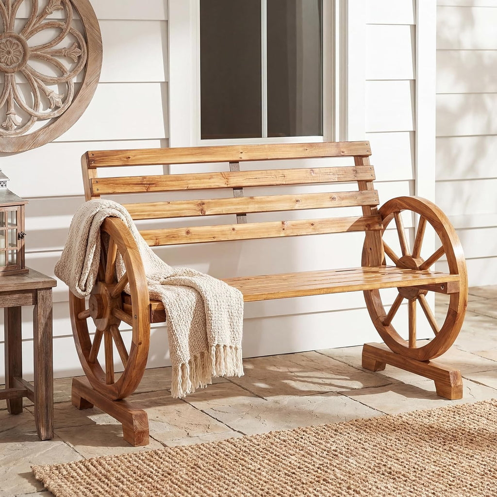 Outvita 41'' Outdoor Wooden Bench, 2-Person Rustic Wagon Wheel Bench with Slatted Seat and Carbonized Fir Wood Construction, Weather-Resistant Garden Bench for Patio, Porch and Backyard（Light Brown）