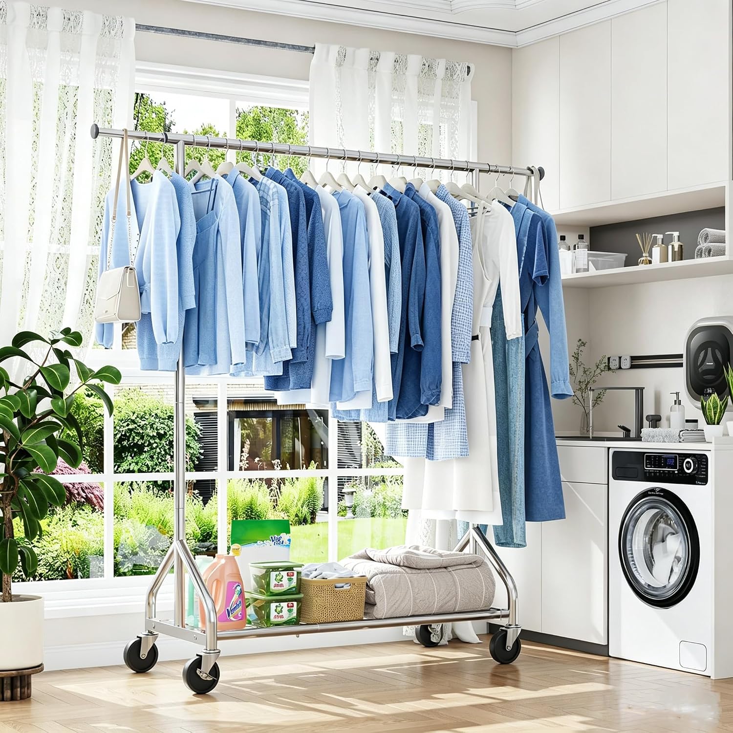Simple Trending Heavy Duty Clothes Rack Load 450 LBS, Clothing Rack for Hanging Clothes, Garment Rack with Wheels & Shelves, for the Bedroom, Laundry Room
