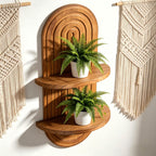 Boho Wall Shelf Decor Plant Wall Shelf Mid Century Modern Decor Hanging Plant Shelves, 2 Tier Wooden Art Floating Shelves for Home Bathroom Bedroom Living Room Planter