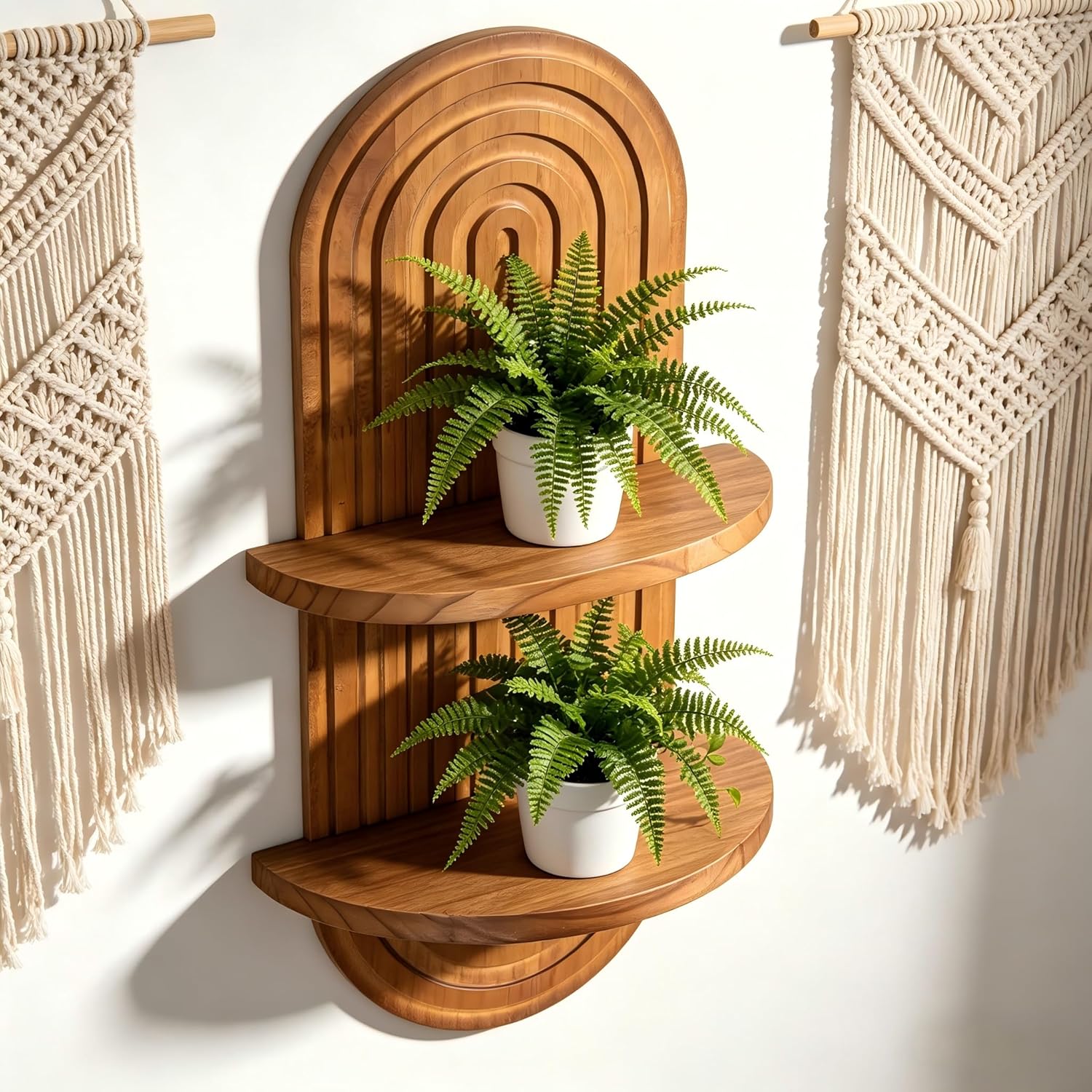 Boho Wall Shelf Decor Plant Wall Shelf Mid Century Modern Decor Hanging Plant Shelves, 2 Tier Wooden Art Floating Shelves for Home Bathroom Bedroom Living Room Planter